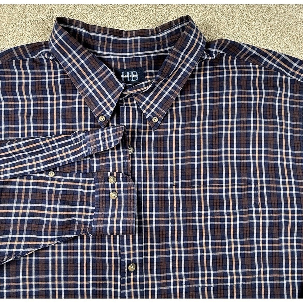 Harbor Bay Button Down Shirt Men's 4XL Big & Tall Blue Brown Plaid Long Sleeve